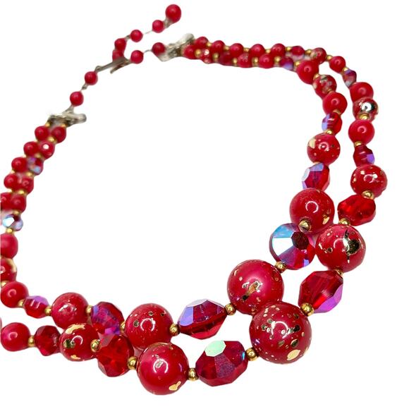 60's Vintage Red Beaded Necklace Multi Strand Gold Glitter Pearls Plastic - Picture 1 of 3